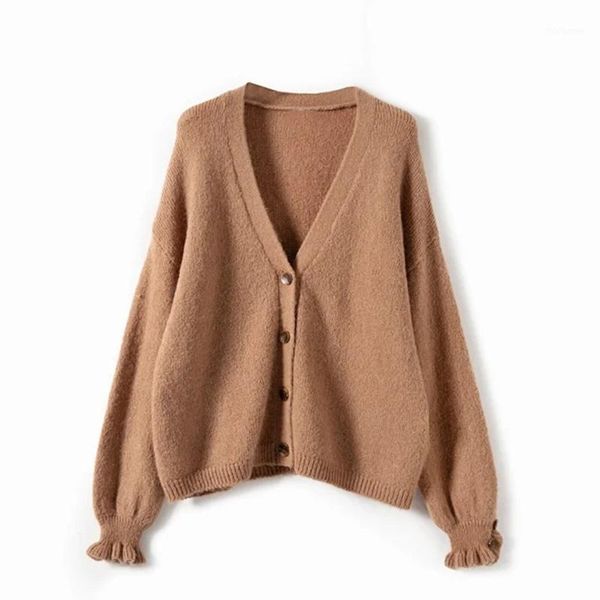 

elegant v neck knit cardigan women puff sleeve lace sleeve sweater autumn winter knitwear1, White