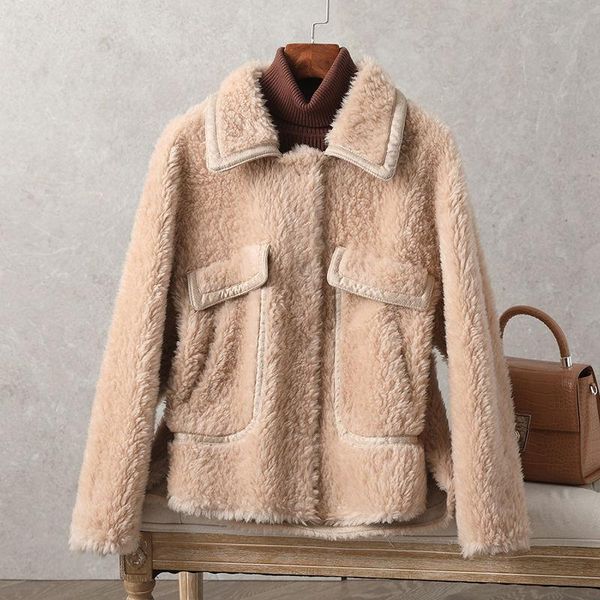

women's fur & faux women 2021 winter real sheepskin coat female genuine wool coats turndown collar warm granular sheep shearing overcoa, Black