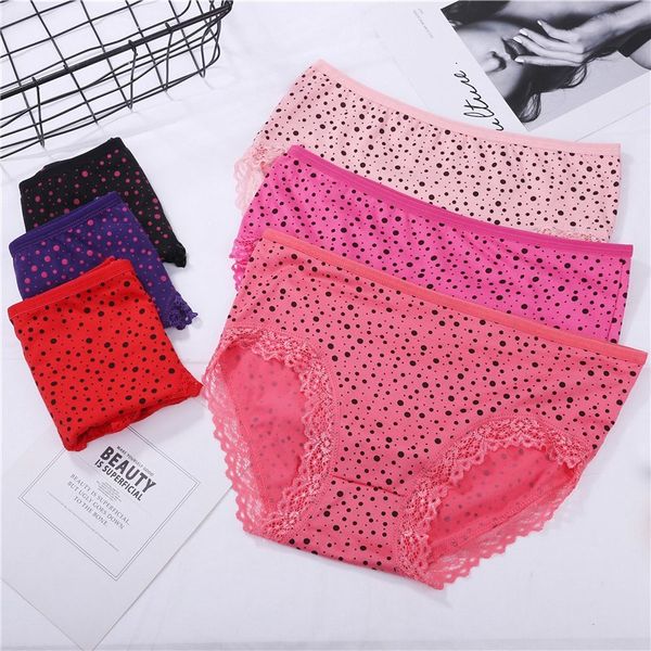 

lace stitching mid-rise female panties women's underwear dot print briefs, Black;pink