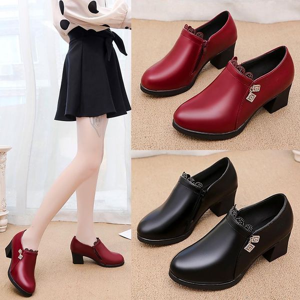 

women's boots autumn shoes round toe boots-women low med ladies rock leather mid calf mid-calf 2020 high heel rubber, Black