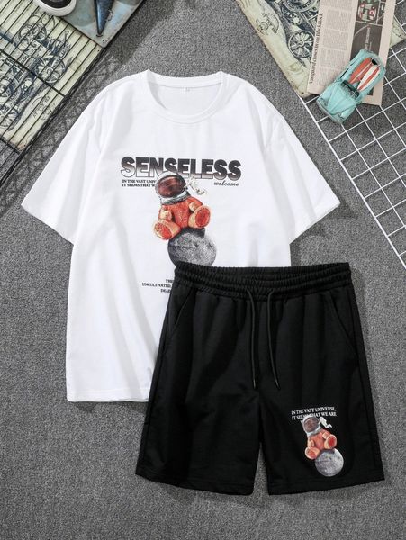 

men slogan & bear print tee & drawstring waist shorts t80c#, Gray