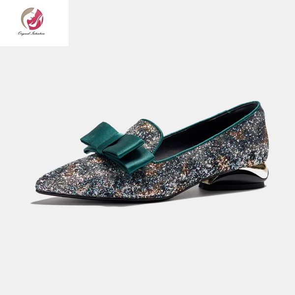 

original intention elegant bow knot seuqins pumps woman pointed toe mid wedges spring autumn shoes female concise casual charm, Black