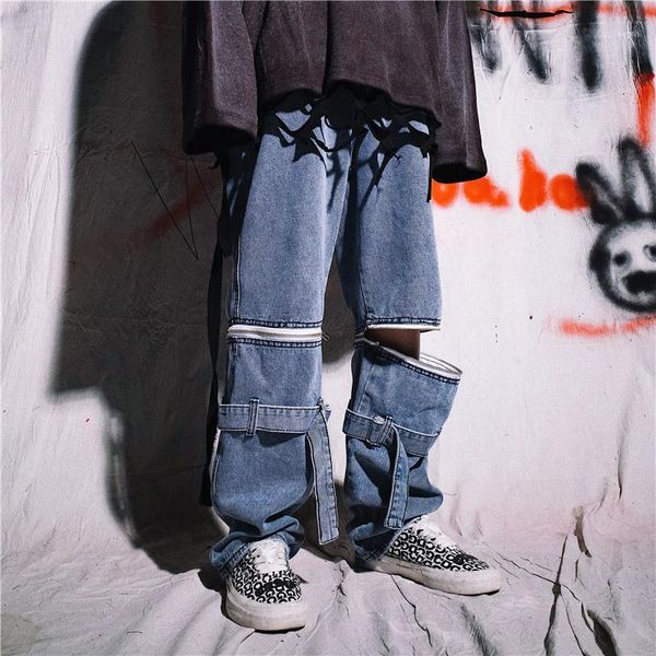 

men removable zip pants casual denim straight pant male streetwear loose wide leg jeans trousers hip hop vintage fashion dark1, Blue