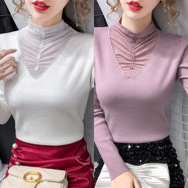 

осень зима 2020 половина высокого воротника сетка top pulloverpullover pulloverstitching вязаного пассив рубашки с длинным рукавом фиолетово, White;black