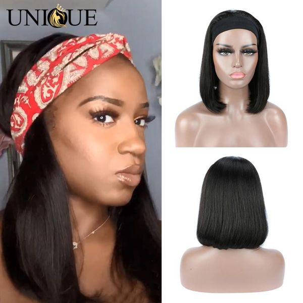 

short bob wigs headband human hair wig straight  lace front wigs glueless full machine made headband wig for black women, Black;brown