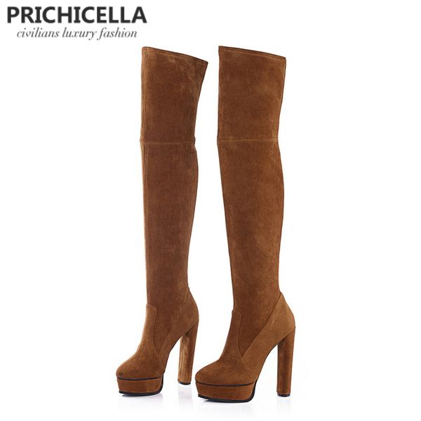 

prichicella redwine genuine leather side lace-up thigh boots stiletto heels autumn winter high booties 1026, Black