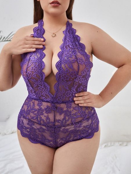 

plus floral lace scallop trim backless teddy bodysuit o1vt#, Black;white