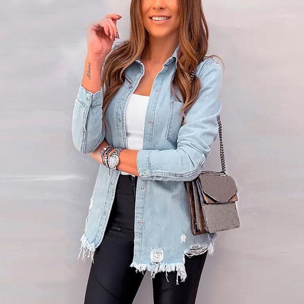 

plus size denim jacket new arrival fashion women long sleeve hole denim outcoat pockets jean outwear bomber jacket women1, Black;brown