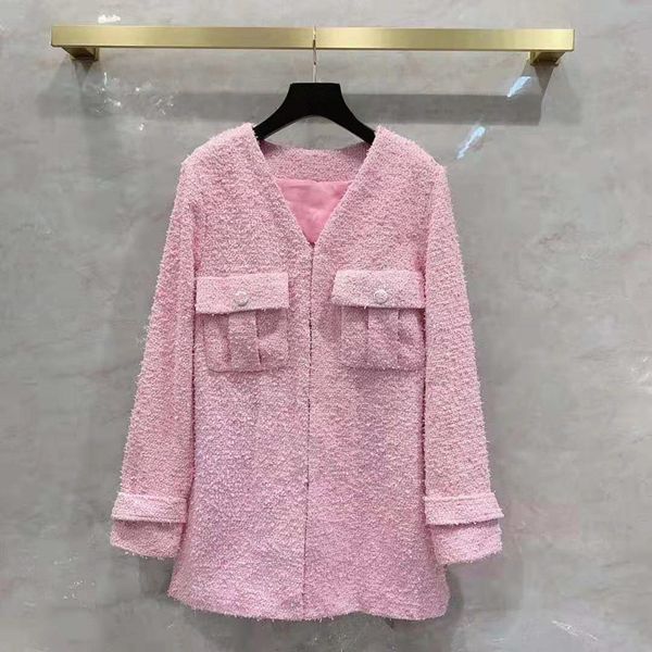 

european and american women's wear 2022 winter new style long-sleeved v-neck fashionable pink tweed coat, Black