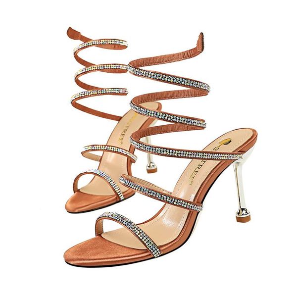 

women sandals summer high heels8cm open toe stiletto ladies slides snake strap sandals with rhinestone ankle wrap shoes, Black