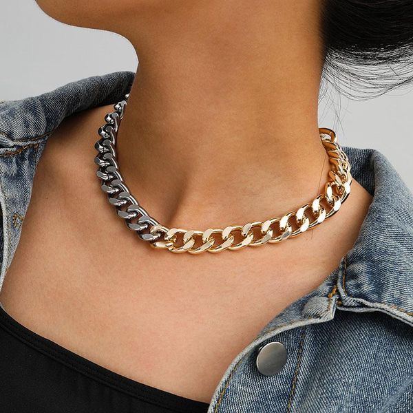 

creative color patchwork aluminium thick chain choker necklace women vintage hiphop geometric chocker necklace jewelry xr3195, Golden;silver
