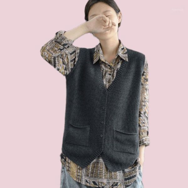 

2021 women autumn winter sweater vest female loose single breasted sleeveless v-neck waistcoat lady pocket casual knit gilet g451, Black;white