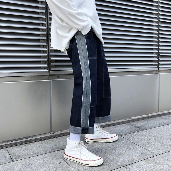 

nice autumn and winter male korean version of personality stitching contrast color fashion casual loose jeans blue -2xl