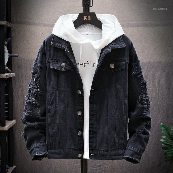 

men's jackets mens denim jacket spring autumn trendy fashion bomber coats thin ripped male cowboy jeans jackets1, Black;brown