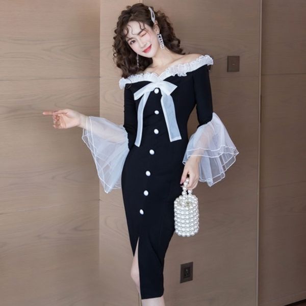 

4vngo autumn formal dress winter hepburn style celebrity temperament slim party dress 2020 newshoulder sgn9v and, Black;gray