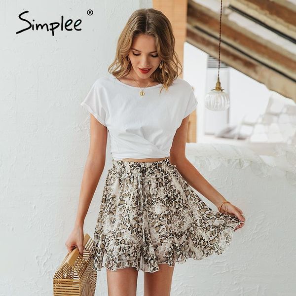 

simplee leopard шифон юбка летний пляж женщины лук эластичный высокий талию мини-юбки повседневная сексуальная феминино короткие оборки юбка, White;black