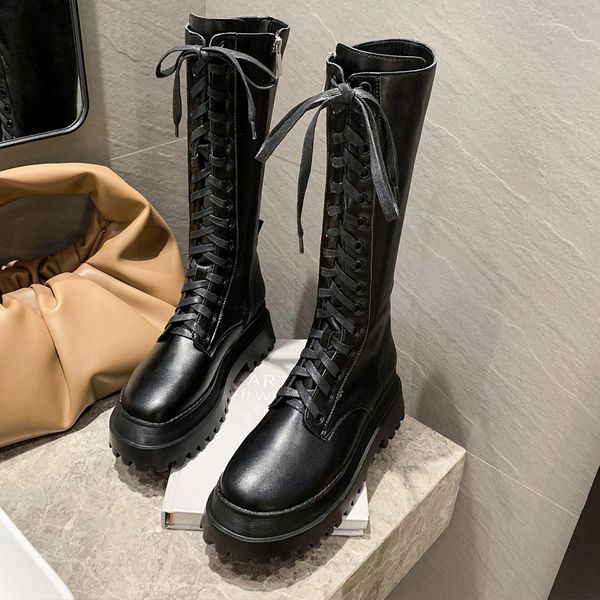

litthing pu leather thick bottom boots women fashion black mid-calf round toe platform flats zipper lace-up winter shoes woman
