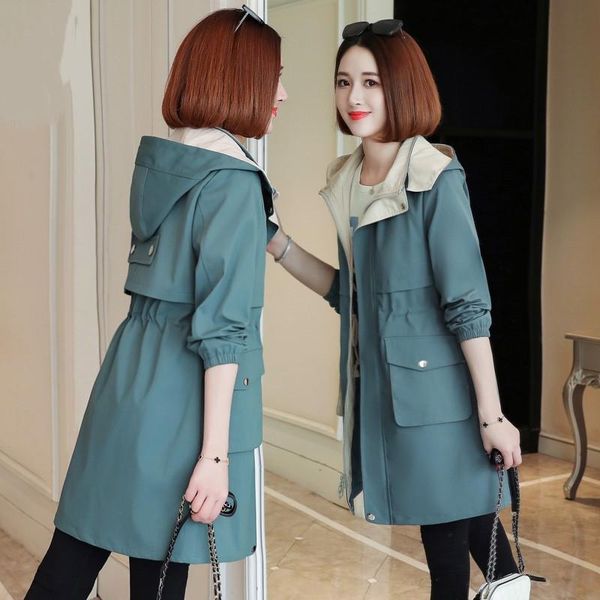 

women's trench coats 2021 fashion spring jacket female korean style waist mid-long windbreaker coat hooded overcoat blue y11, Tan;black
