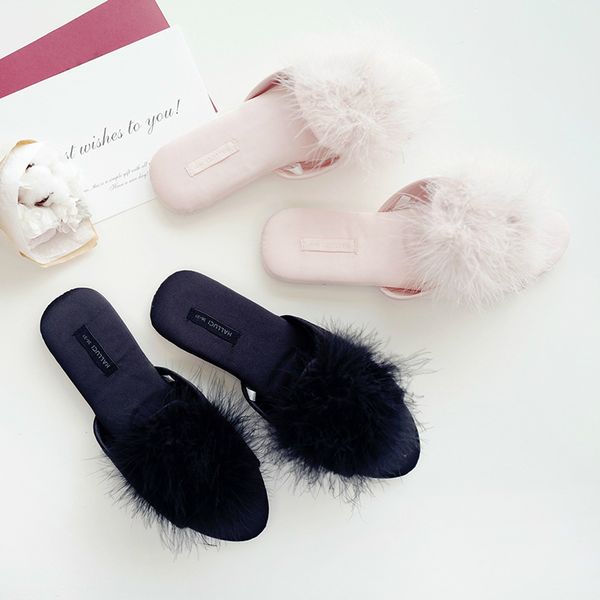 

women peep-toe fur at home slippers 2020 cute classic sweet mules ladies bedroom non-slip floor slides bed house shoes x1020, Black