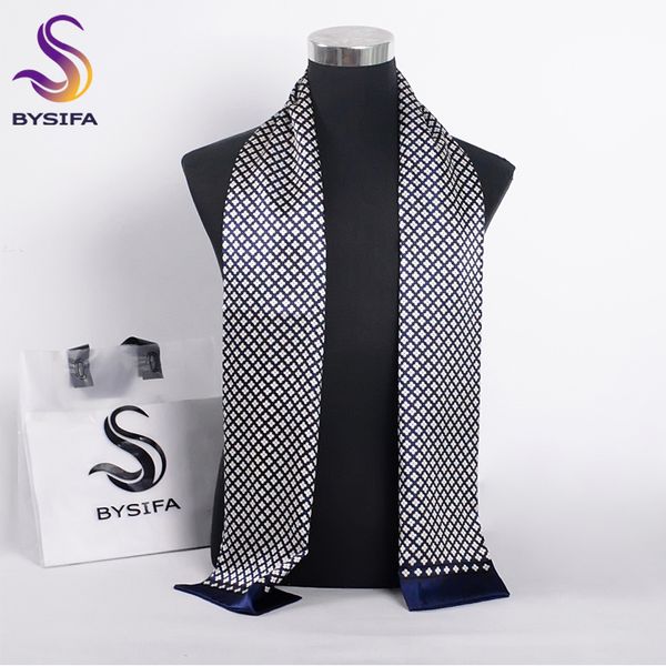

bysifa] brand men silk scarf muffler winter fashion accessory 100% pure silk male plaid long scarves cravat navy blue 160*26cm 201026, Blue;gray