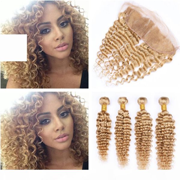 

honey blonde peruvian hair bundles deep wave with frontal 4bundles #27 strawberry blonde human hair wefts with 13x4 lace frontal closure, Black;brown
