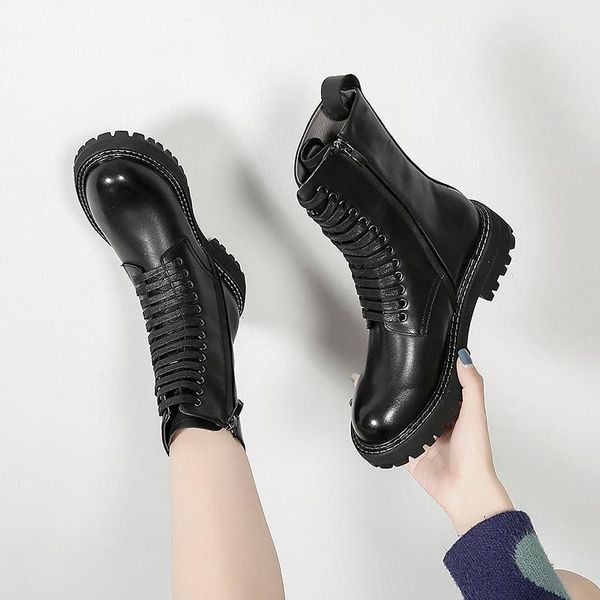 

leather boots women's 2020 new british fashion retro casual short boots chunky heels cowhide ladies shoes round toe1, Black