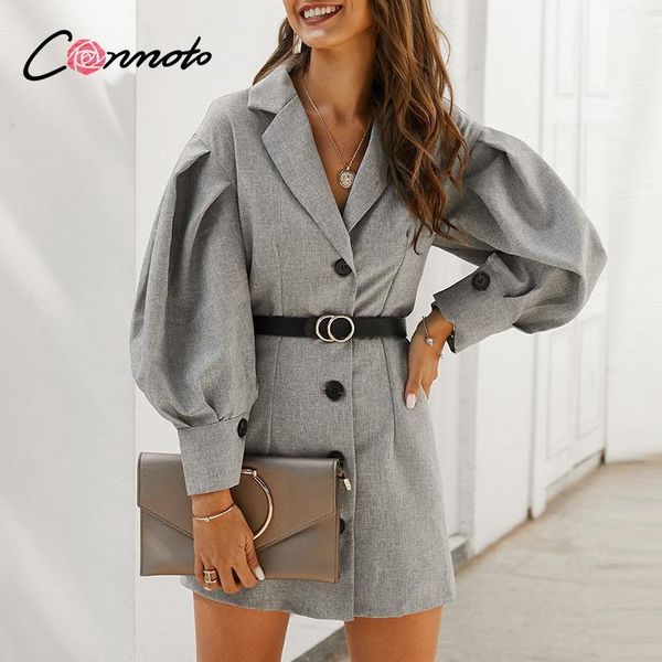 

conmoto gray elegant pocket blazer dresses women button puff vintage short dresses feminino long sleeve slim dress vestidos1, Black;gray