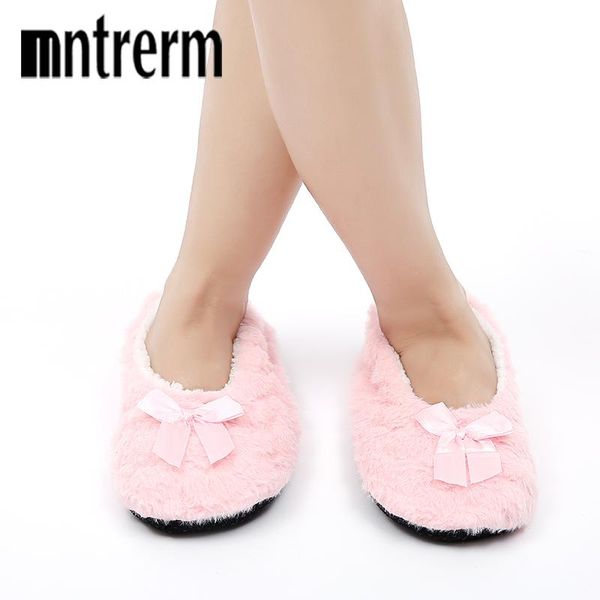 

slippers mntrerm est winter woman cotton slip on warm shoes non-slip home bow pearl flats female house, Black