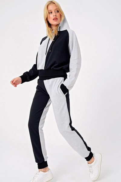 

trend alacati style women gray-black two blocky hooded tracksuit set alc-x4873, Black;blue