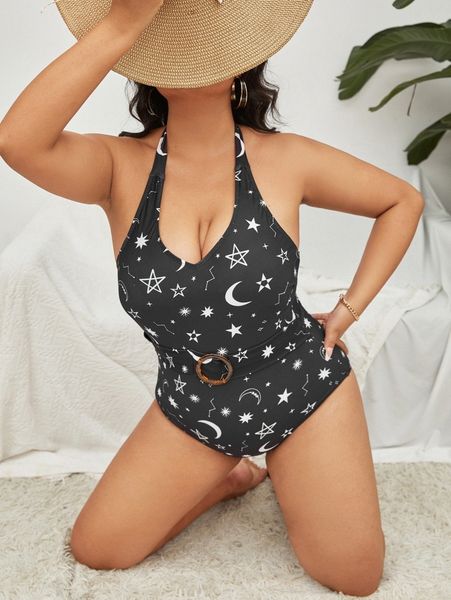 

plus galaxy print halter one piece swimsuit 677t#, Black