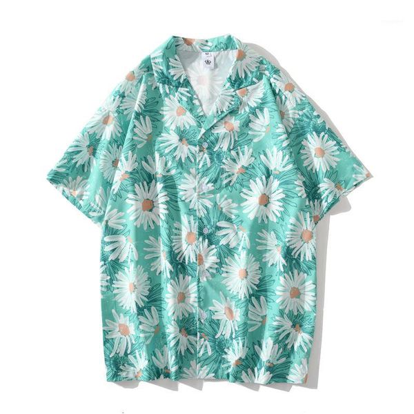 

casual green streetwear beach flower print short sleeve shirt 2020 hawaii summer clothes fashion harujuku men turndown collar1, White;black