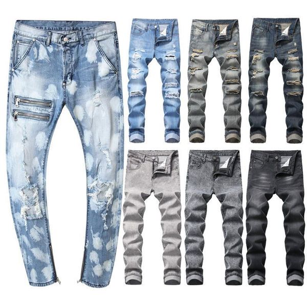 

new fashion men skinny jeans denim pant slim fit pant frayed jeans stretch long trouser bike ripped1, Blue