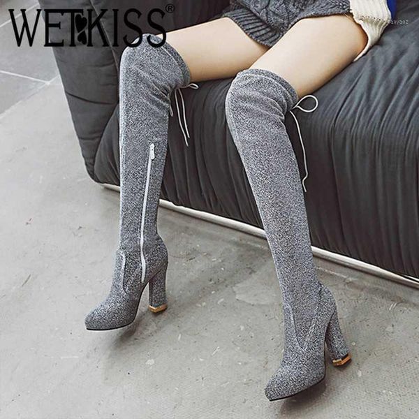 

wetkiss pointed toe thick heel high shoes fashion simple women over the knee boot zip non slip female long boot winter new shoes1, Black
