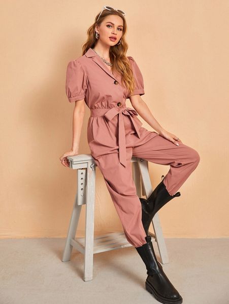 

puff sleeve belted jumpsuit h6r0#, White