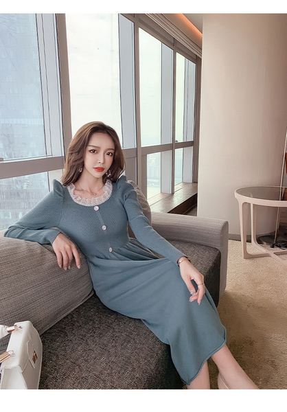 

knitting winter 2021 new bubble sleeve korean-style lace collar dressed female q4p3, Black;gray