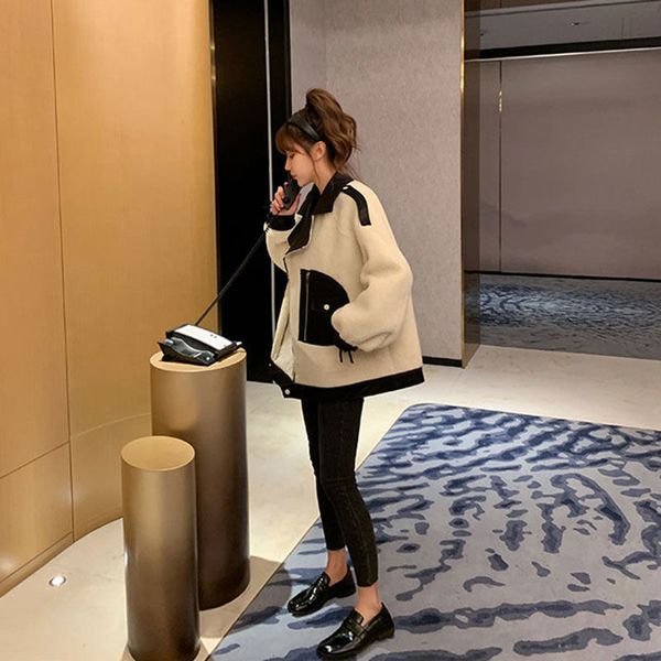 

2021 women's lamb new autumn and winter joker loose short skin wool cloth coat 6tqa, Black;brown