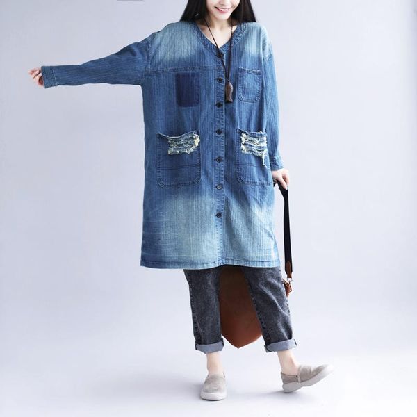 

women's trench coats women loose retro printed ripped denim coat ladies bleached long outerwear female 2021 holes, Tan;black