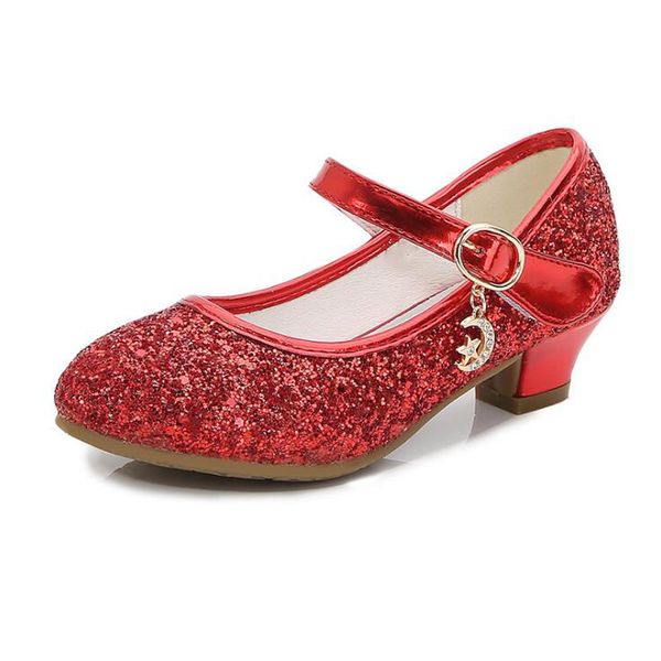 

spring high heels children girls wedding princess leather red sequins student dance shoes girl sandals, Black;red