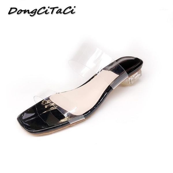 

dongcitaci summer women clear sandals shoes woman fashion square toe transparent crystal med heels slippers sandals1, Black
