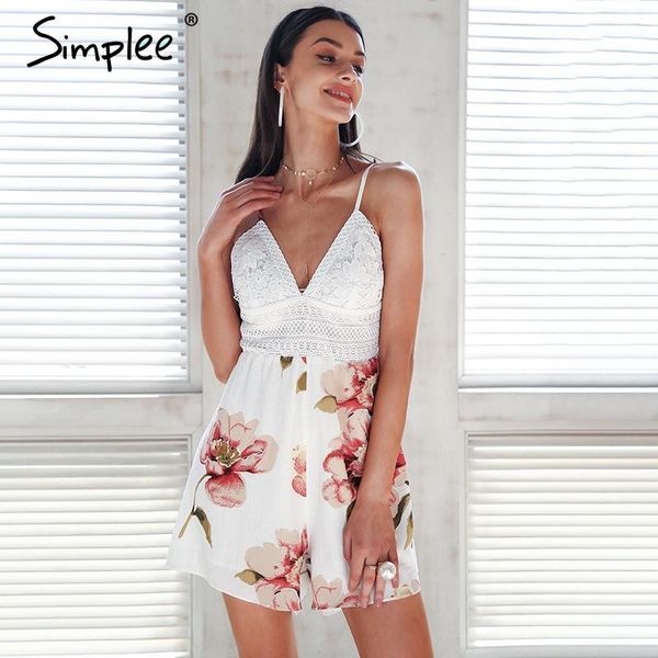 

simplee v neck strap lace romper women backless bow summer macacao feminino 2018 bohemian print beach playsuit1, Black;white