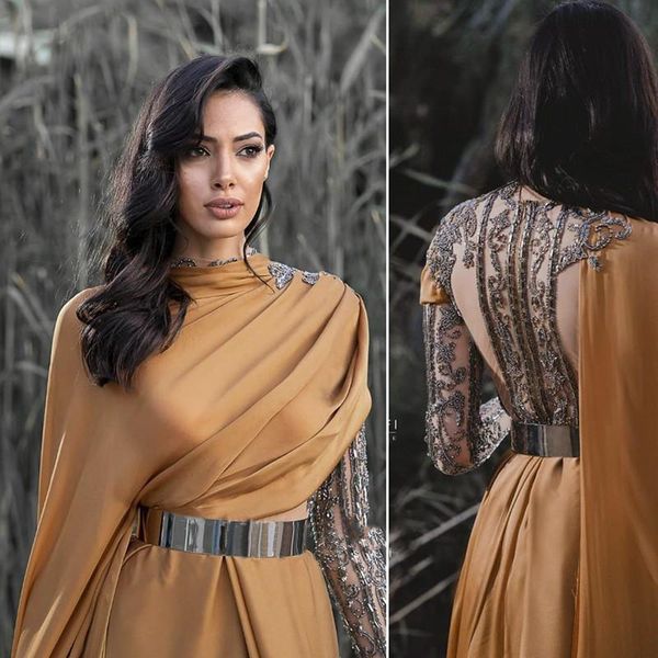 Luxuriöses arabisches Langarm-Abendkleid mit Cape und hohem Schlitz, elegante Damen-Abschlussballkleider aus Dubai, indisch, mit Perlen besetzt