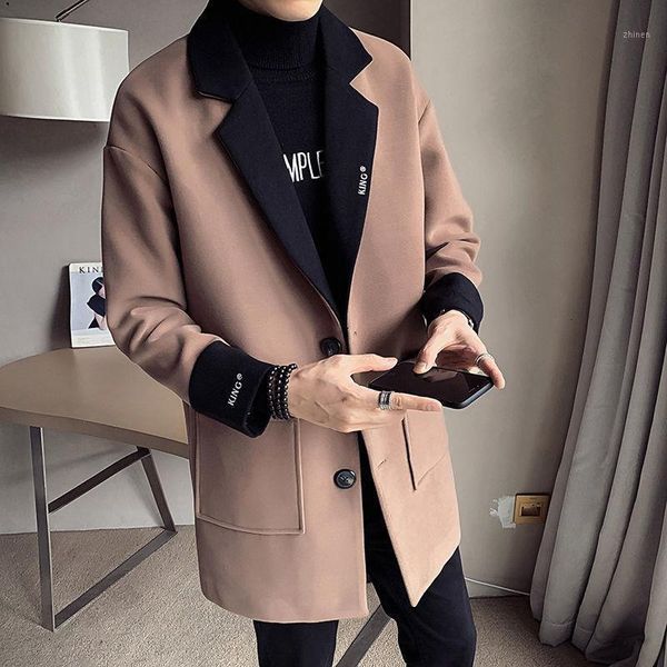

mrgoldenbowl autumn and winter men's coat mid-length single breasted turn-down collar solid casual style men coat woolen1, Tan;black