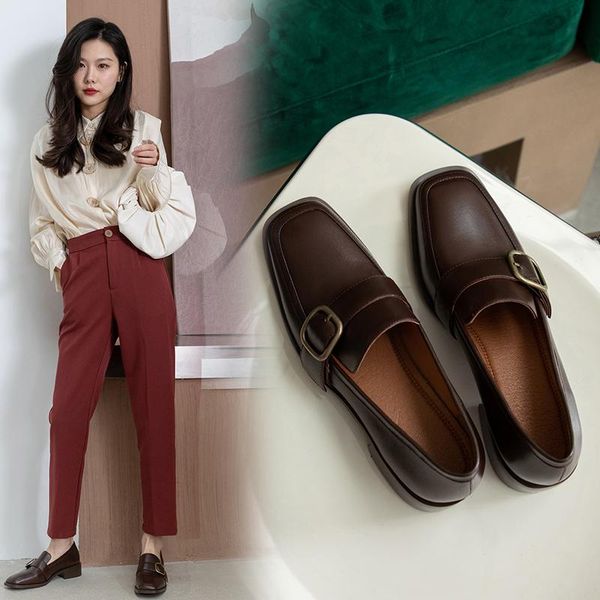 

women pumps women's shoes 22-25cm natural leather square toe women heels classic buckle vintage leather shoes black