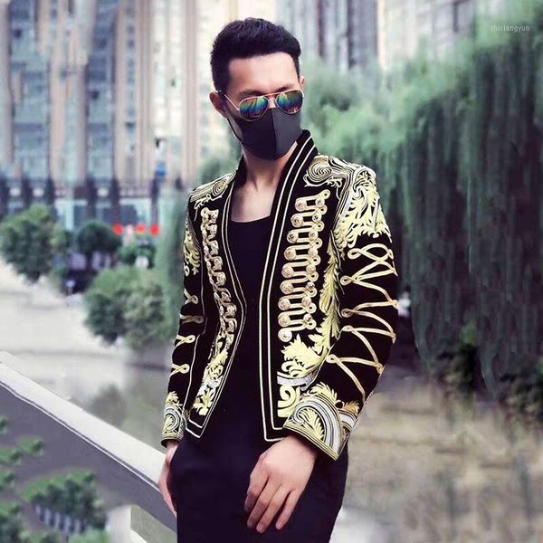 

m-2xl men blazer black golden embroidery coat jacket blazer male prom singer slim stage costume party1, Black;brown
