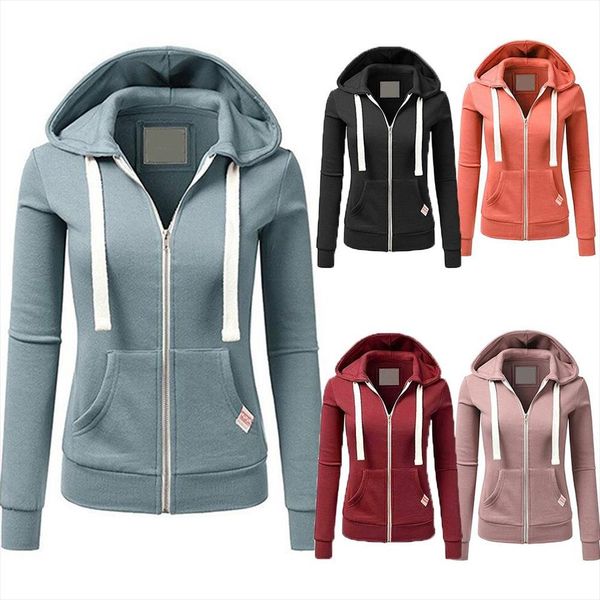 

casual hoodies women autumn winter outdoor sport solid color long sleeve hoodies pockets zipper sports coat s hoodie women, Black
