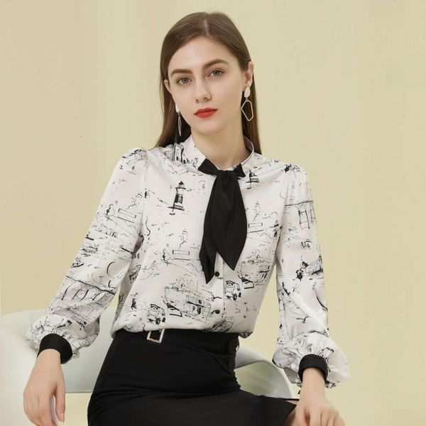 

2021 spring new women's wear light bow straight print blouse chiffon shirt, White