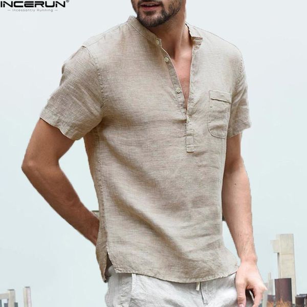 

men's casual shirts incerun summer men stand collar short sleeve breathable button male loose streetwear thin shirt chemise 20211, White;black