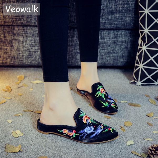 

veowalk brand soft cotton fabric women embroidered pointed toe mules slippers summer retro ladies comfort embroidery slide shoes x1020, Black