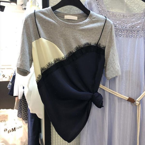 

summer womens lace stitching fake two short sleeved t shirt color matching wild casual short sleeved t shirt gd006, White