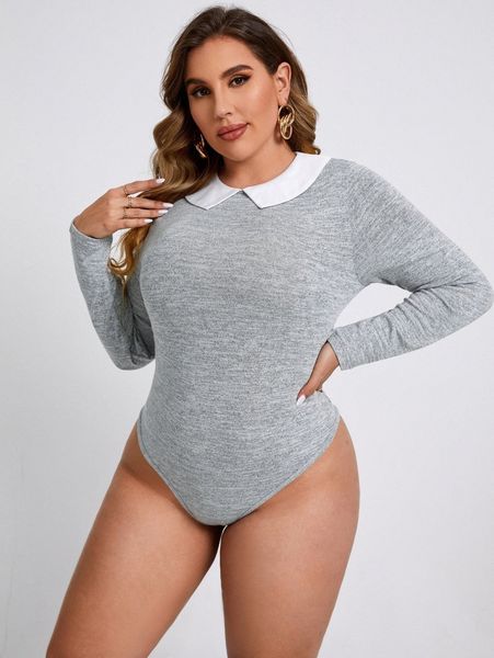

plus marled peter-pan collar bodysuit s0qe#, Black